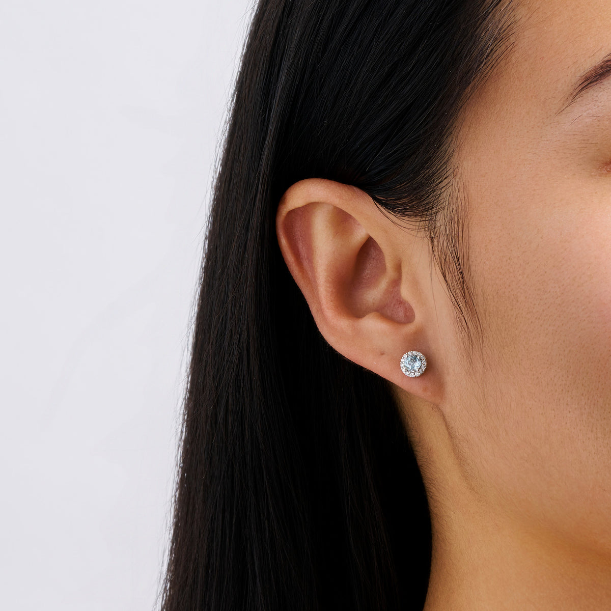 Halo Aquamarine and Diamond Stud Earrings in 18ct White Gold