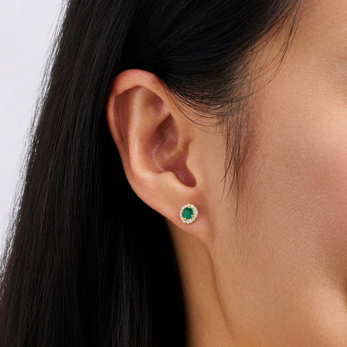 Emerald and Diamond Halo Stud Earrings in 18ct Yellow Gold
