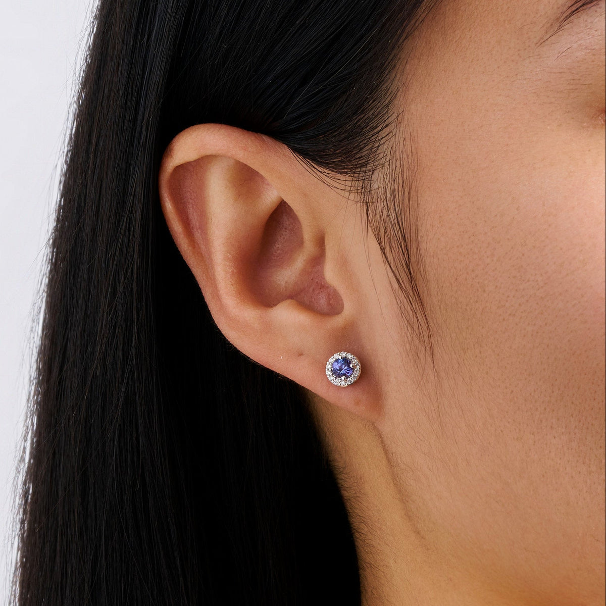 Tanzanite and Diamond Halo Stud Earrings in 18ct White Gold