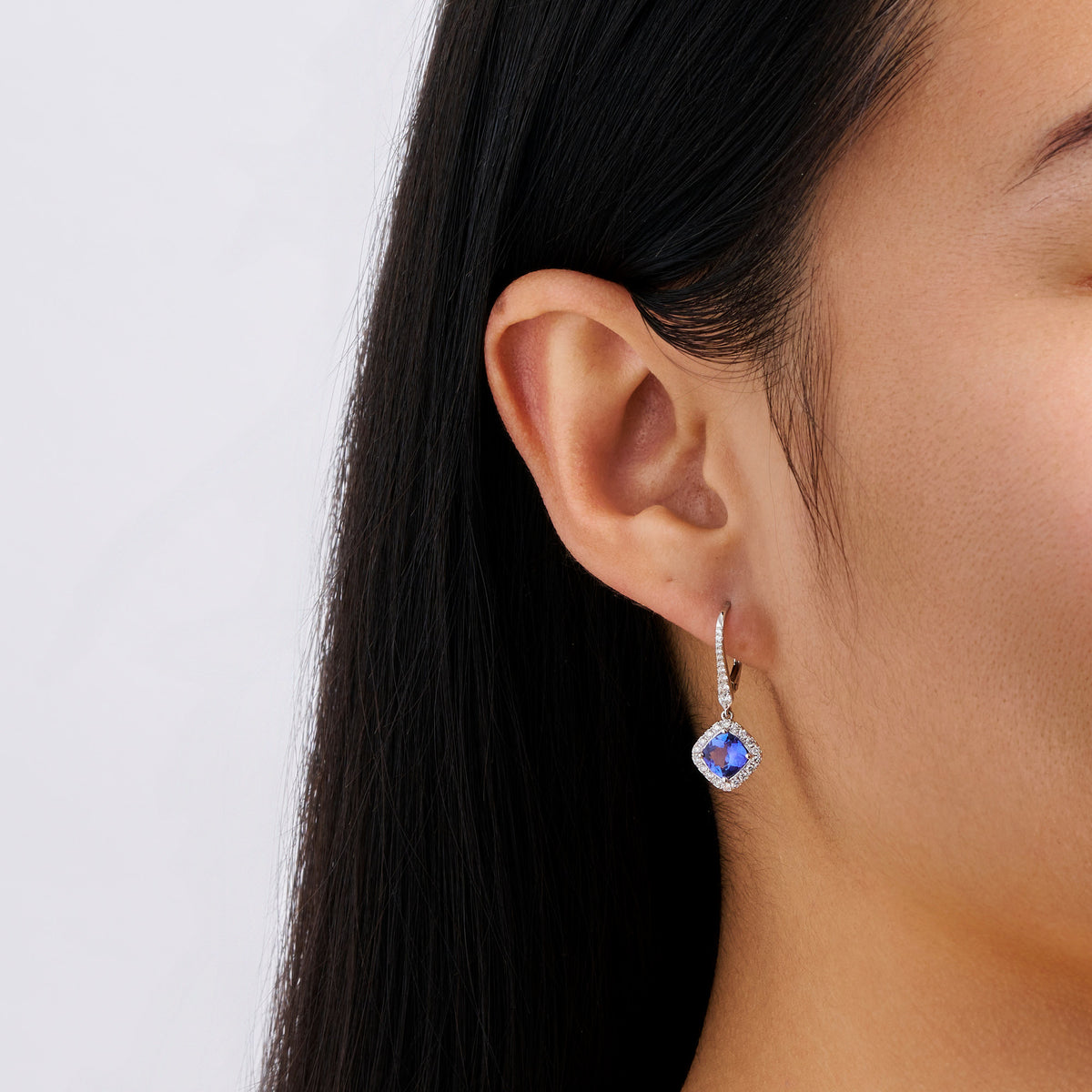Tanzanite Cushion and Diamond Halo Drop Earrings in 18ct White Gold