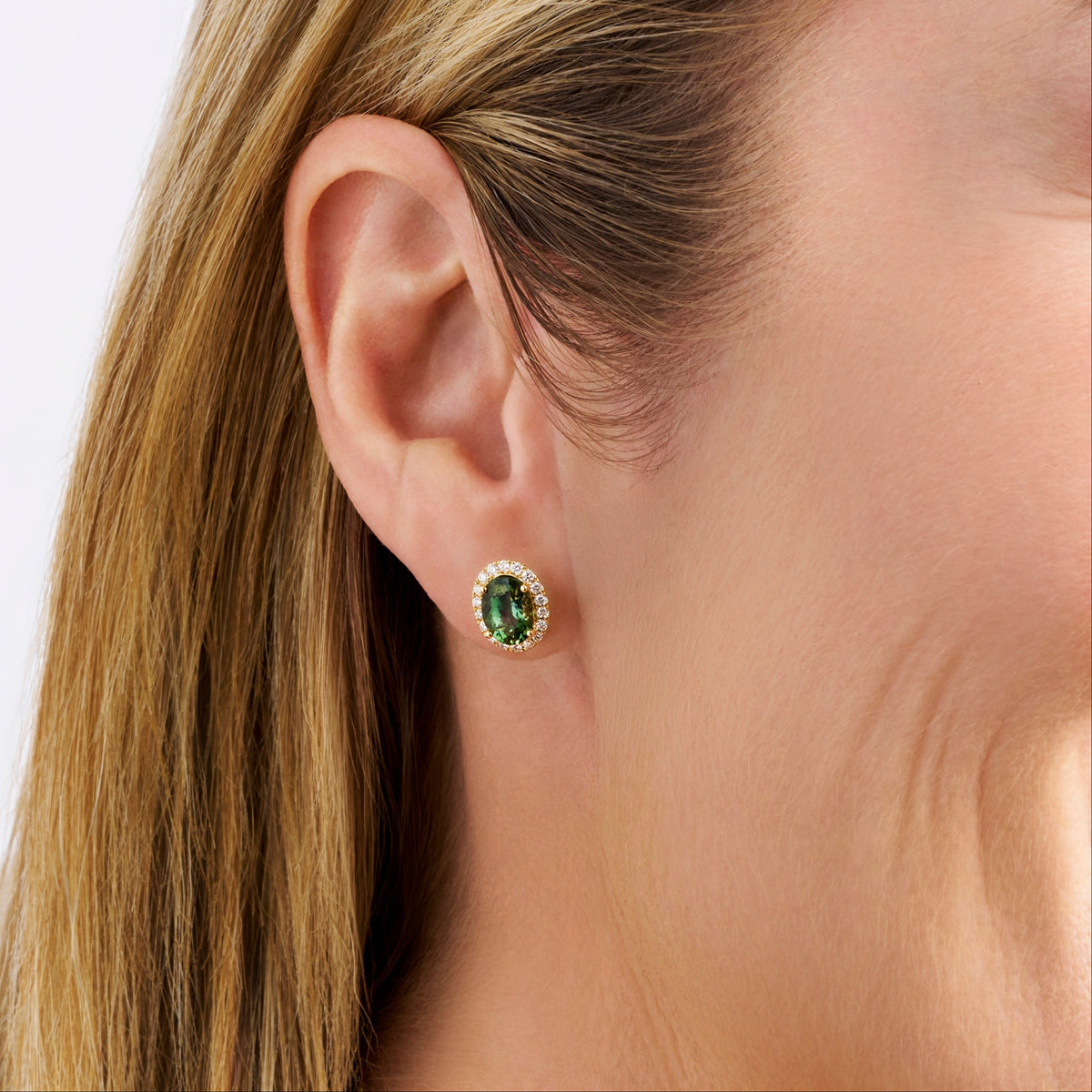 Green Tourmaline Oval and Diamond Halo Stud Earrings in 18ct Yellow Gold