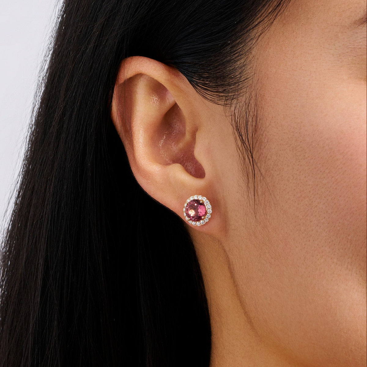 Pink Tourmaline Round and Diamond Halo Stud Earrings in 18ct Rose Gold