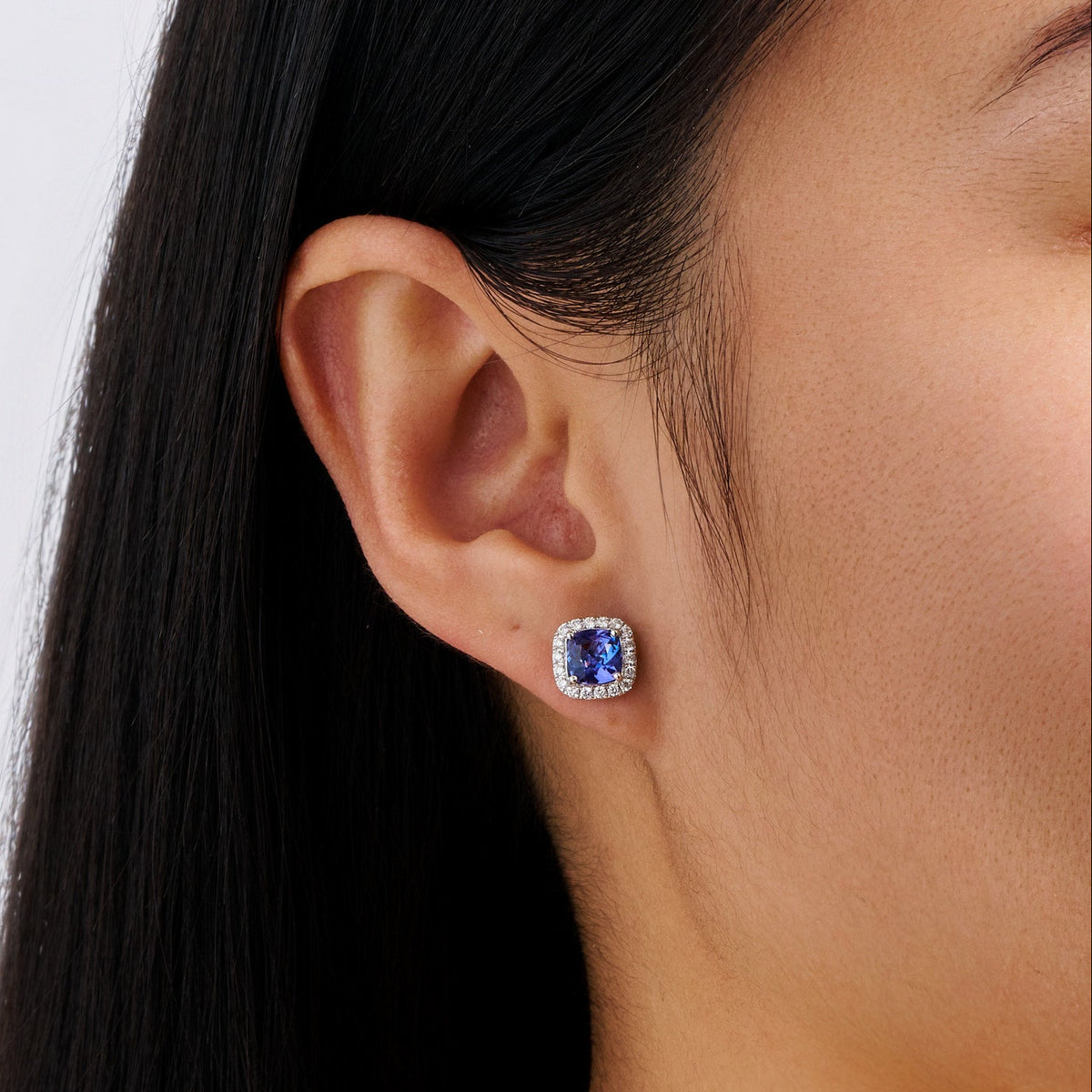 Tanzanite Cushion and Diamond Halo Stud Earrings in 18ct White Gold