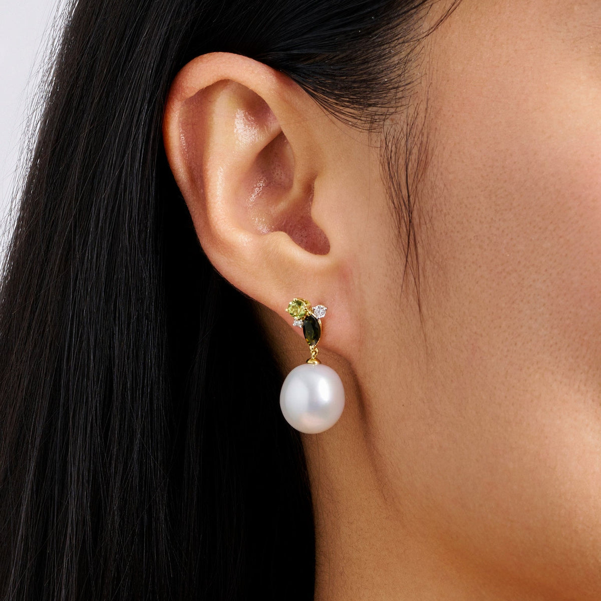 Elysian Tourmaline Peridot Diamond and South Sea Pearl Drop Earrings in 18ct Yellow Gold
