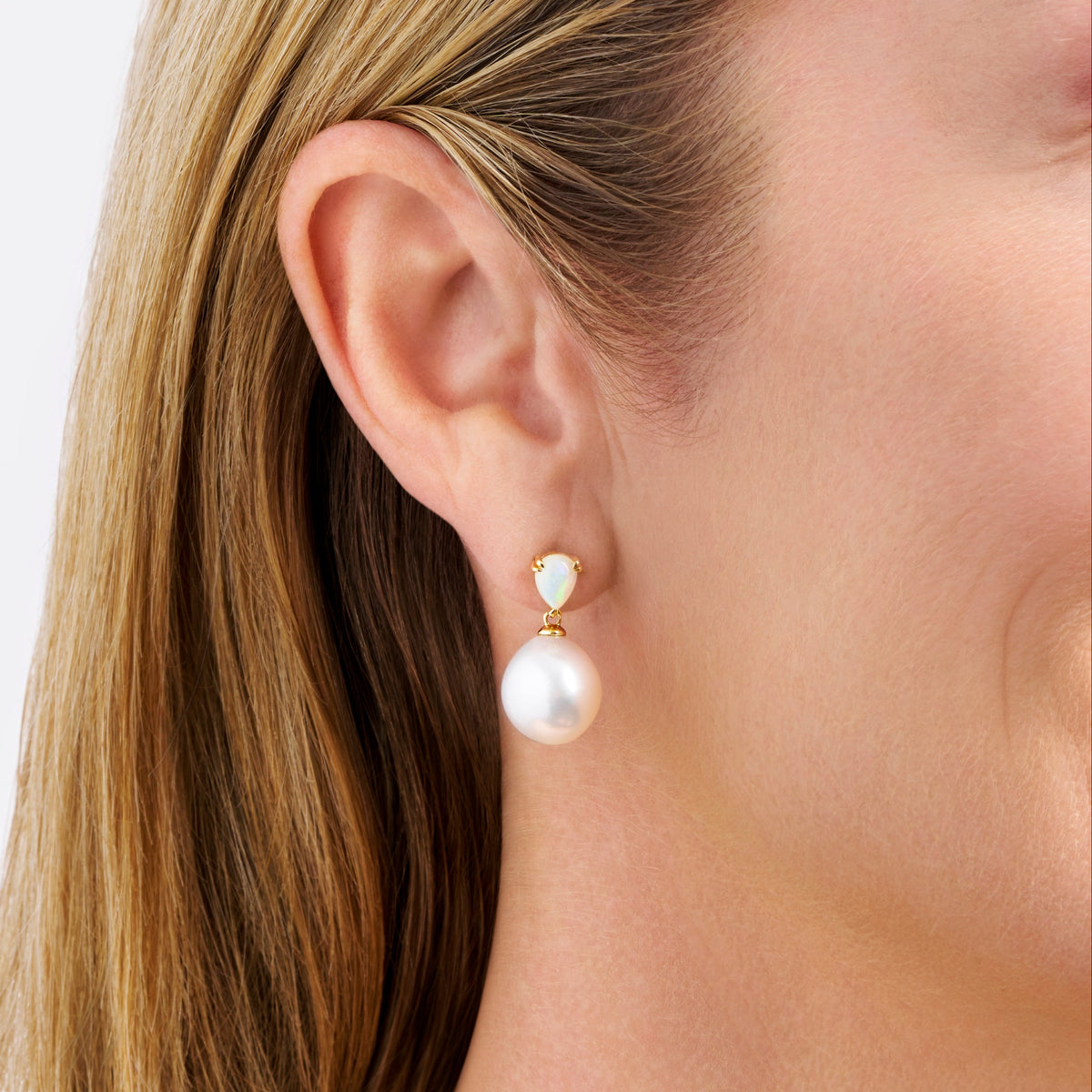 Australian Opal and South Sea Pearl Earrings in 18ct Yellow Gold