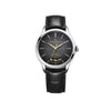 Front-facing view of the Baume & Mercier Clifton M0A10839 Chinese New Year limited edition men's watch, featuring a dark grey lacquered dial with a wide date aperture at 6 o'clock displaying a galloping horse motif and Chinese characters, gold-tone Arabic numerals and indexes, alpha-shaped hands, satin-finished stainless steel case, and a black alligator leather strap with red interior lining.