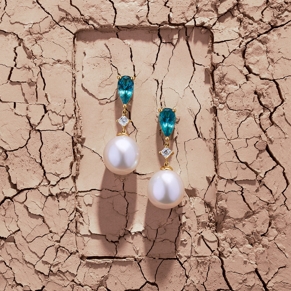 Tourmaline Diamond and South Sea PearlDrop Earrings in 18ct Yellow Gold