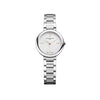 Front-facing view of the Baume & Mercier Joia M0A10848 ladies' watch, featuring a silver sun satin-finished dial with Roman numerals, warm 4N gold-tone leaf hands, polished round stainless steel lug-free case with black agate-set crown, and a matching polished and satin-finished 3-row H-shaped stainless steel bracelet.