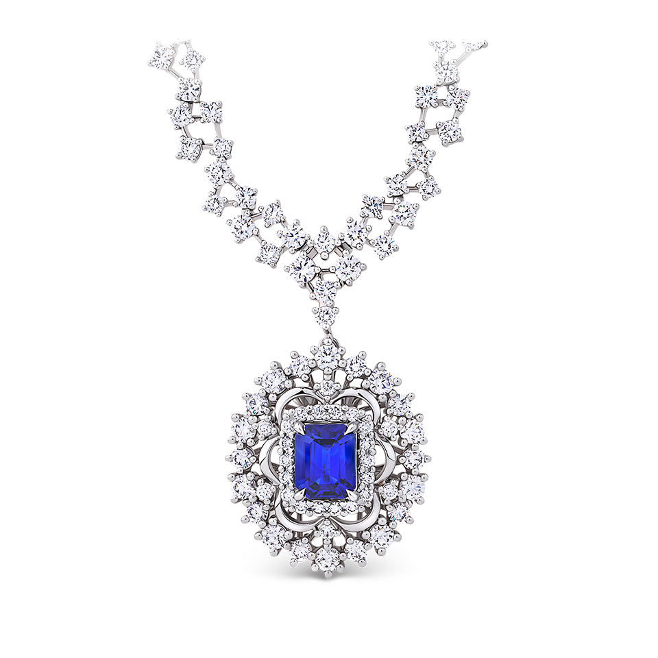 VAULT® 3.43 Carat Ceylon Sapphire and 11.16 Carat Diamond Necklace in 18ct White Gold