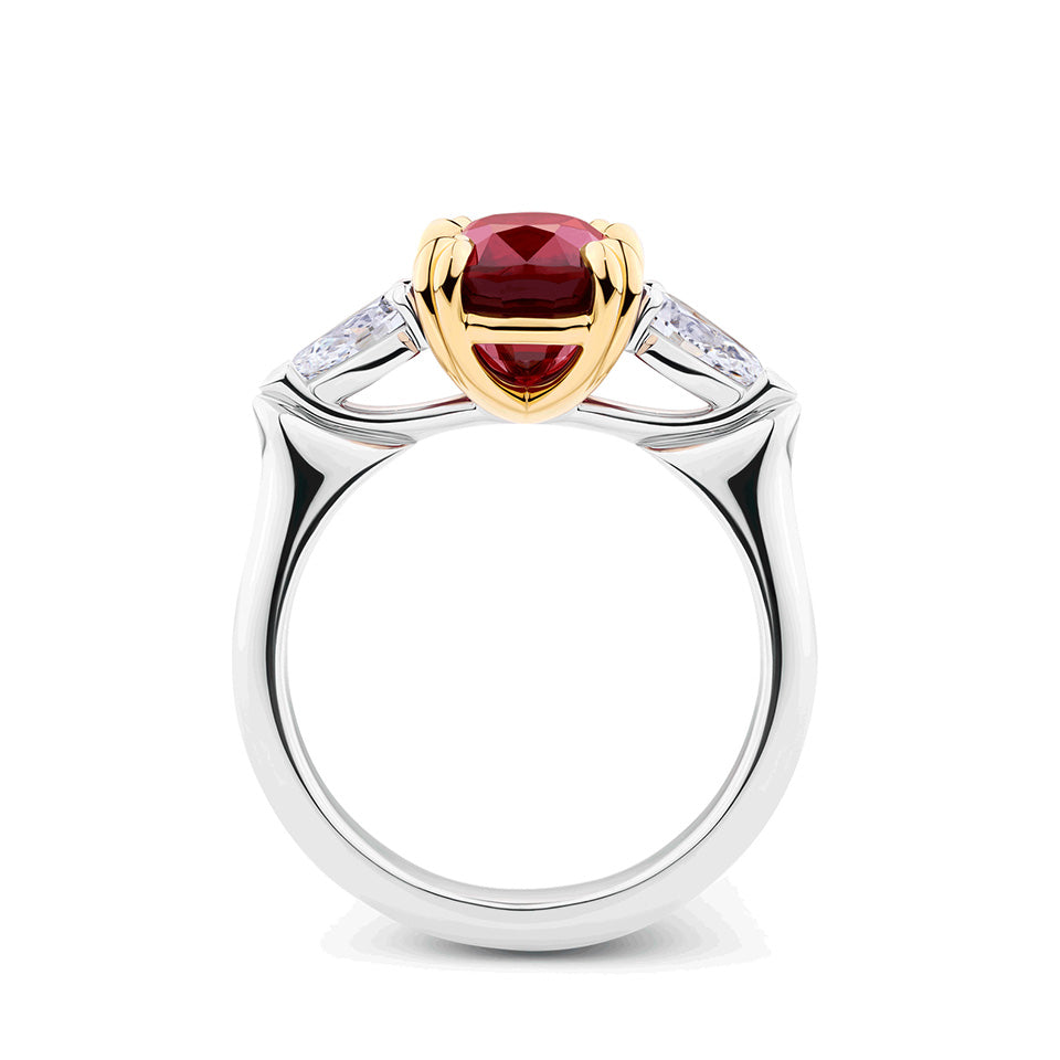 VAULT 4.00 CARAT MOZAMBIQUE RUBY AND 0.70 CARAT DIAMOND TRILOGY RING IN 18CT YELLOW AND WHITE GOLD