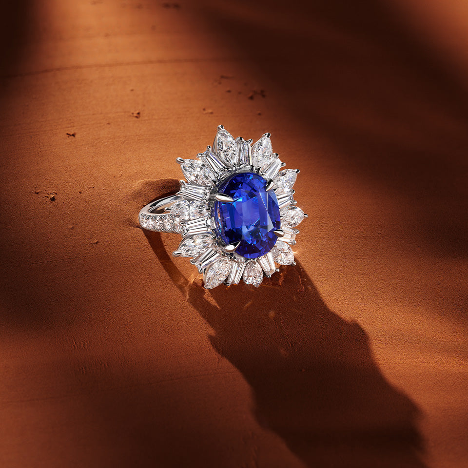 VAULT® 7.80 Carat Oval Cut Tanzanite and 4.91 Carat Diamond Halo Ring in 18ct White Gold