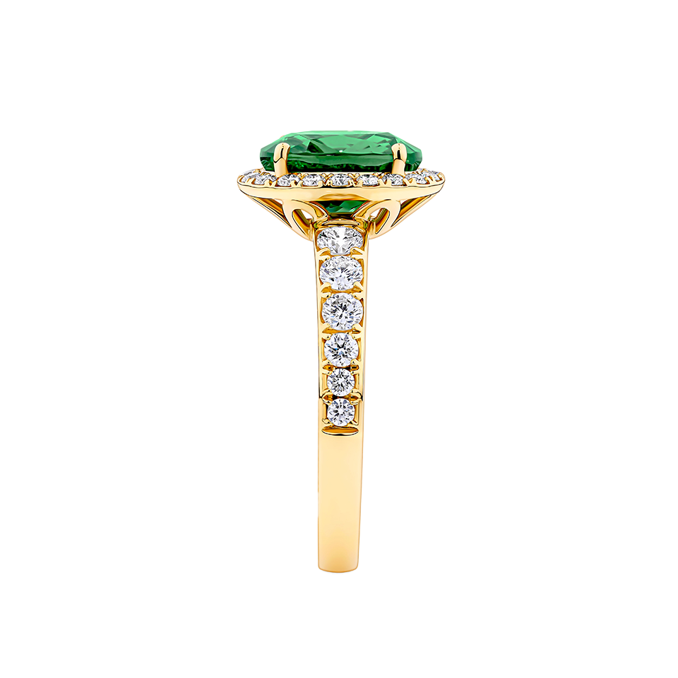 Green Tourmaline Oval and Diamond Halo Ring in 18ct Yellow Gold