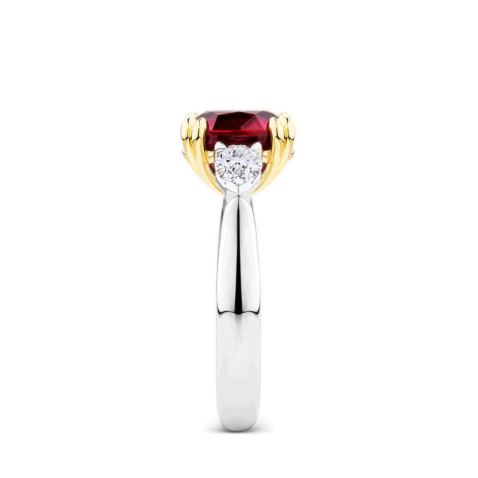 VAULT 4.00 CARAT MOZAMBIQUE RUBY AND 0.70 CARAT DIAMOND TRILOGY RING IN 18CT YELLOW AND WHITE GOLD