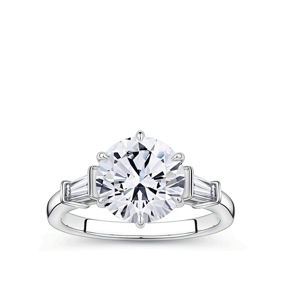 3.02 Carat Round Brilliant and Tapered Baguette Cut Trilogy Engagement Ring in 18ct White Gold