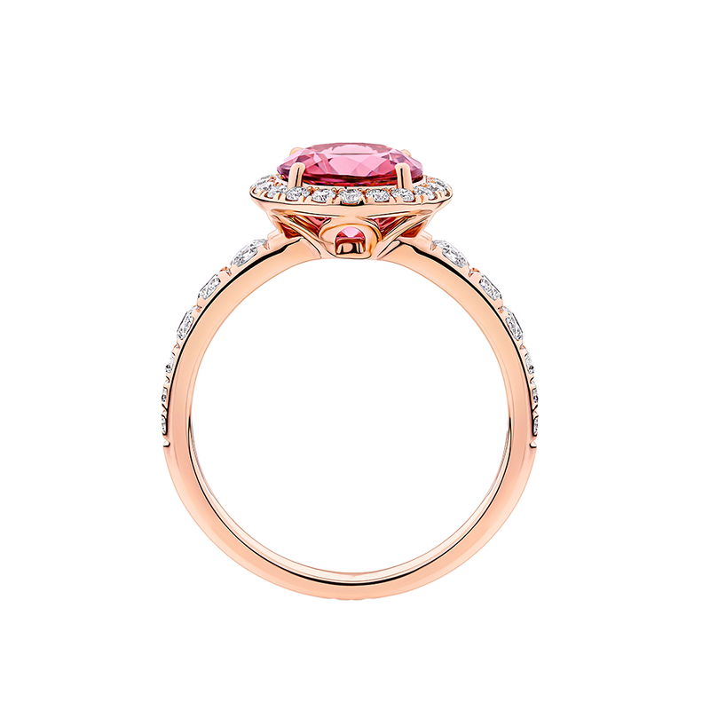 Pink Tourmaline Round and Diamond Halo Ring in 18ct Rose Gold