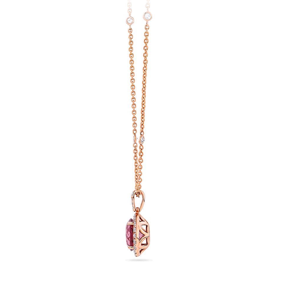 Pink Tourmaline Round and Diamond Halo Pendant in 18ct Rose Gold