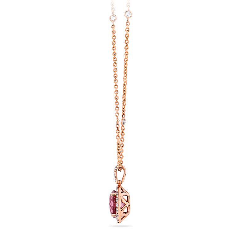 Pink Tourmaline Round and Diamond Halo Pendant in 18ct Rose Gold