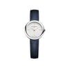 Front-facing view of the Baume & Mercier Joia M0A10847 ladies' watch, featuring a silver sun satin-finished dial with Roman numerals, warm 4N gold-tone leaf hands, polished round stainless steel lug-free case with black agate-set crown, and an interchangeable midnight blue calfskin leather strap.