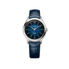 Front-facing view of the Baume & Mercier Clifton M0A10833 ladies' watch, featuring a gradient blue lacquered dial with crosshair pattern, white minute track, rhodium-plated trapezoid-shaped indexes, Arabic numeral at 12 o'clock, alpha-shaped hands, satin-finished stainless steel case, and an interchangeable blue alligator leather strap.