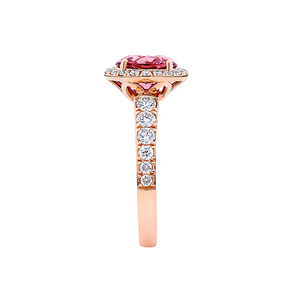 Pink Tourmaline Round and Diamond Halo Ring in 18ct Rose Gold
