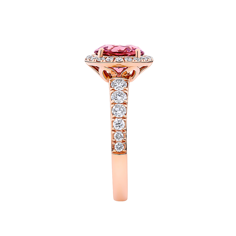 Pink Tourmaline Round and Diamond Halo Ring in 18ct Rose Gold