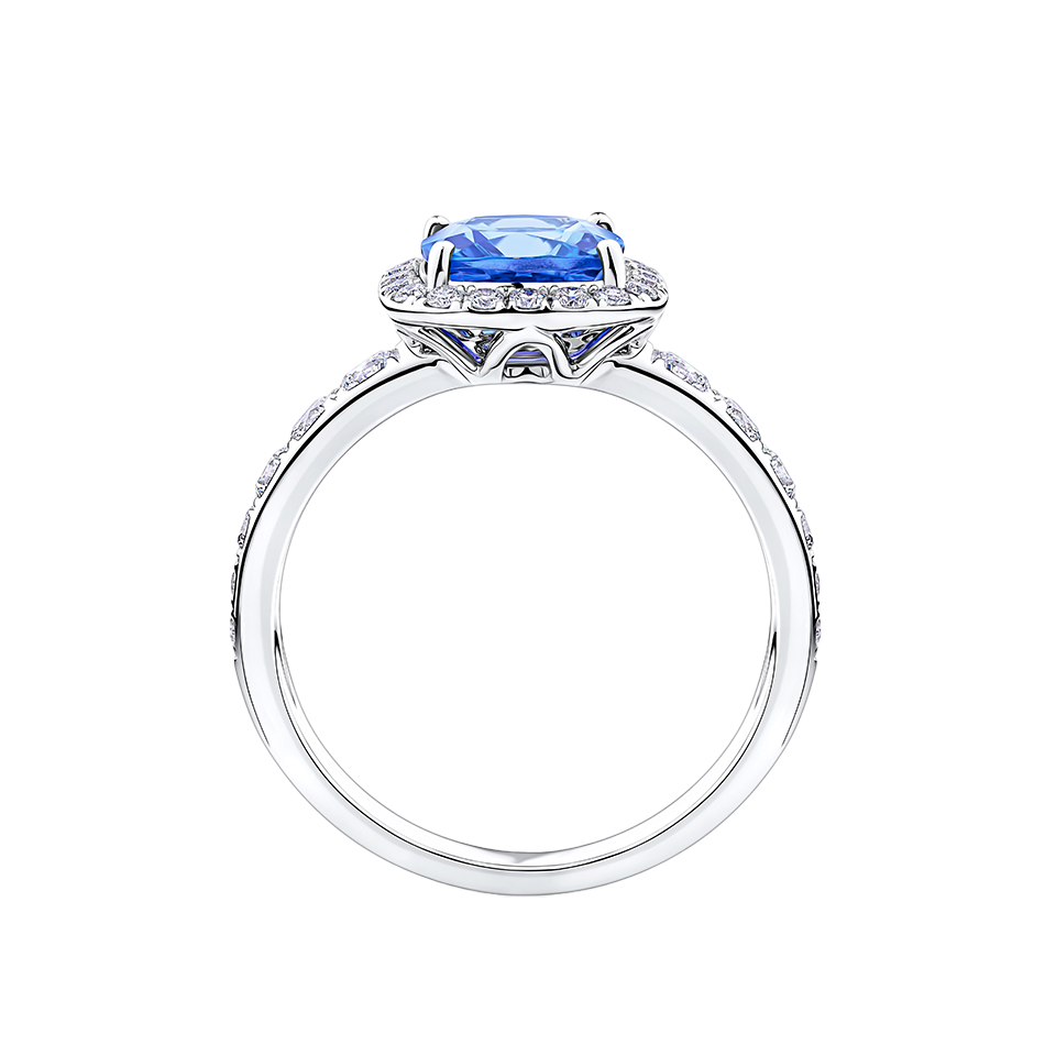 Tanzanite Cushion and Diamond Halo Ring in 18ct White Gold