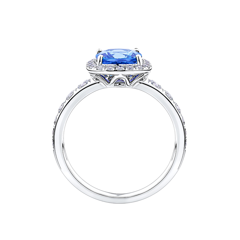 Tanzanite Cushion and Diamond Halo Ring in 18ct White Gold