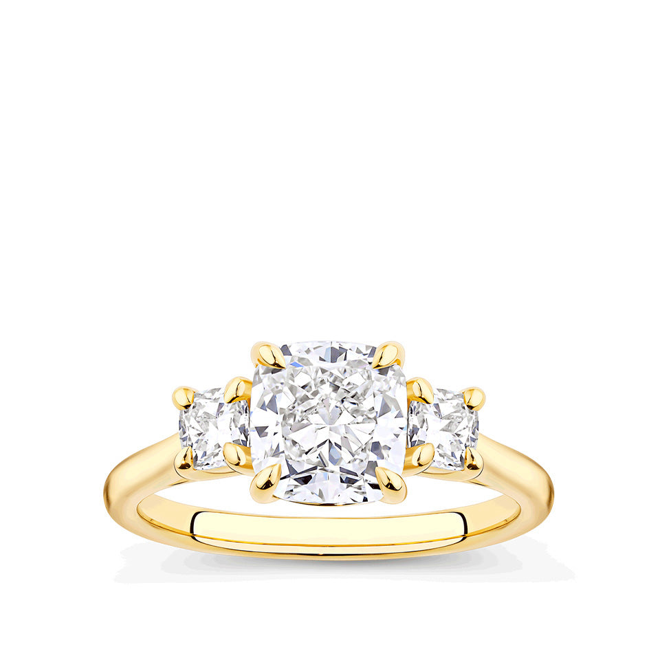 2.42 Carat Cushion Cut Trilogy Engagement Ring in 18ct Yellow Gold