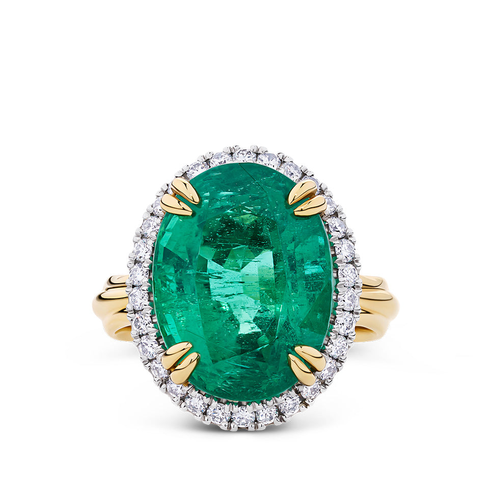 Vault® 11.12 Carat Emerald and 0.45 Carat Diamond Halo Ring in 18ct Yellow Gold