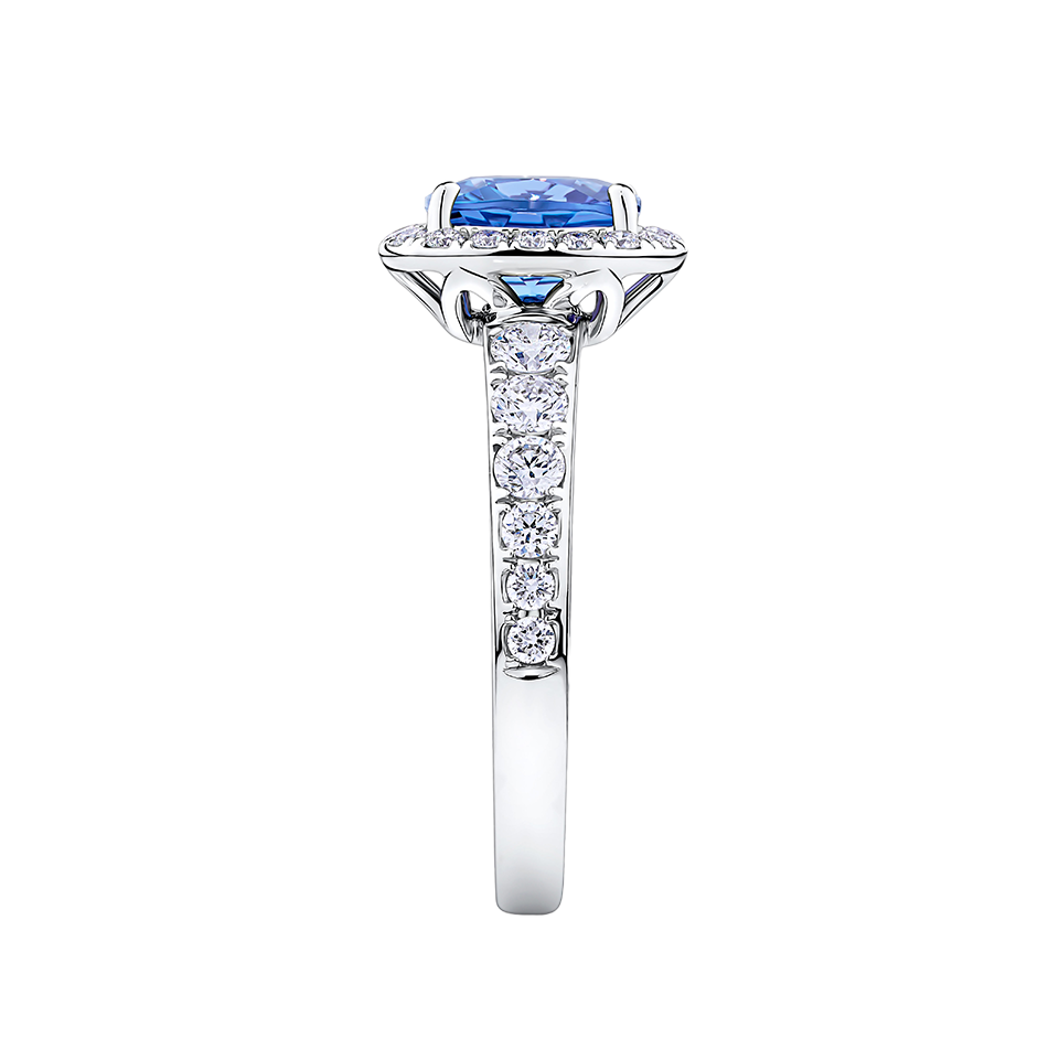Tanzanite Cushion and Diamond Halo Ring in 18ct White Gold