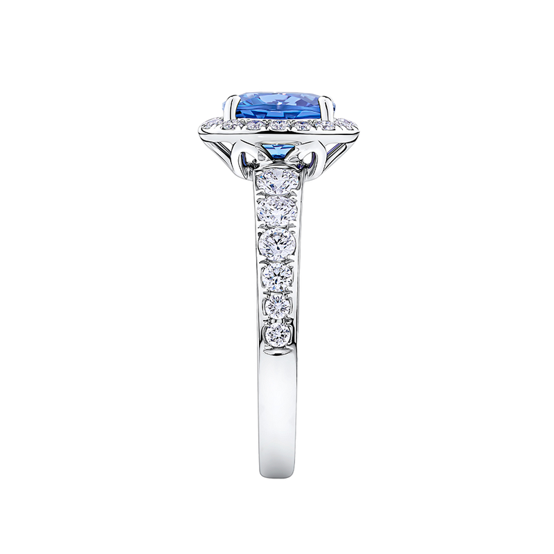 Tanzanite Cushion and Diamond Halo Ring in 18ct White Gold