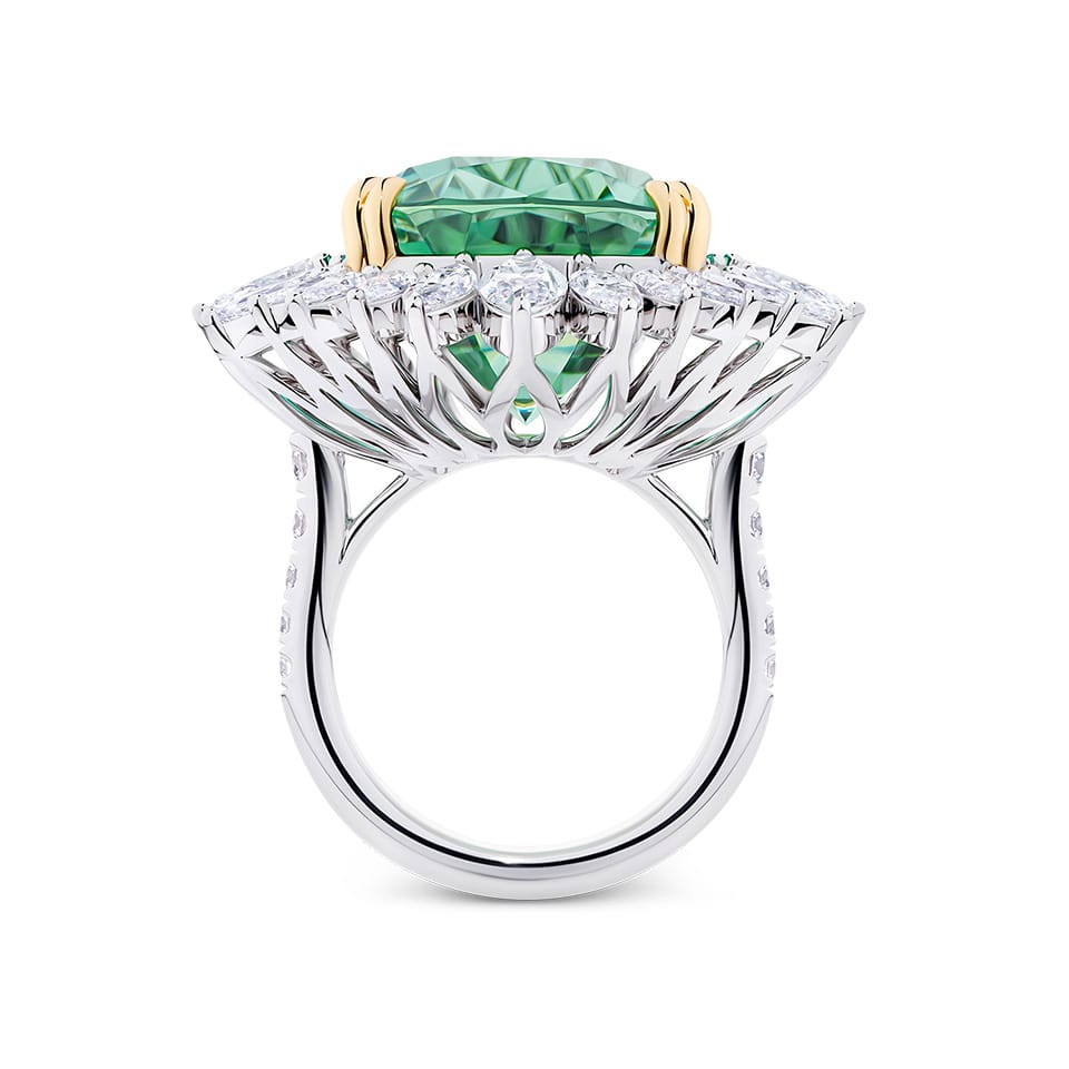 VAULT® 22.90 Carat Brazilian Mint Tourmaline and 4.83 Carat Diamond Halo Ring in 18ct Yellow and White Gold
