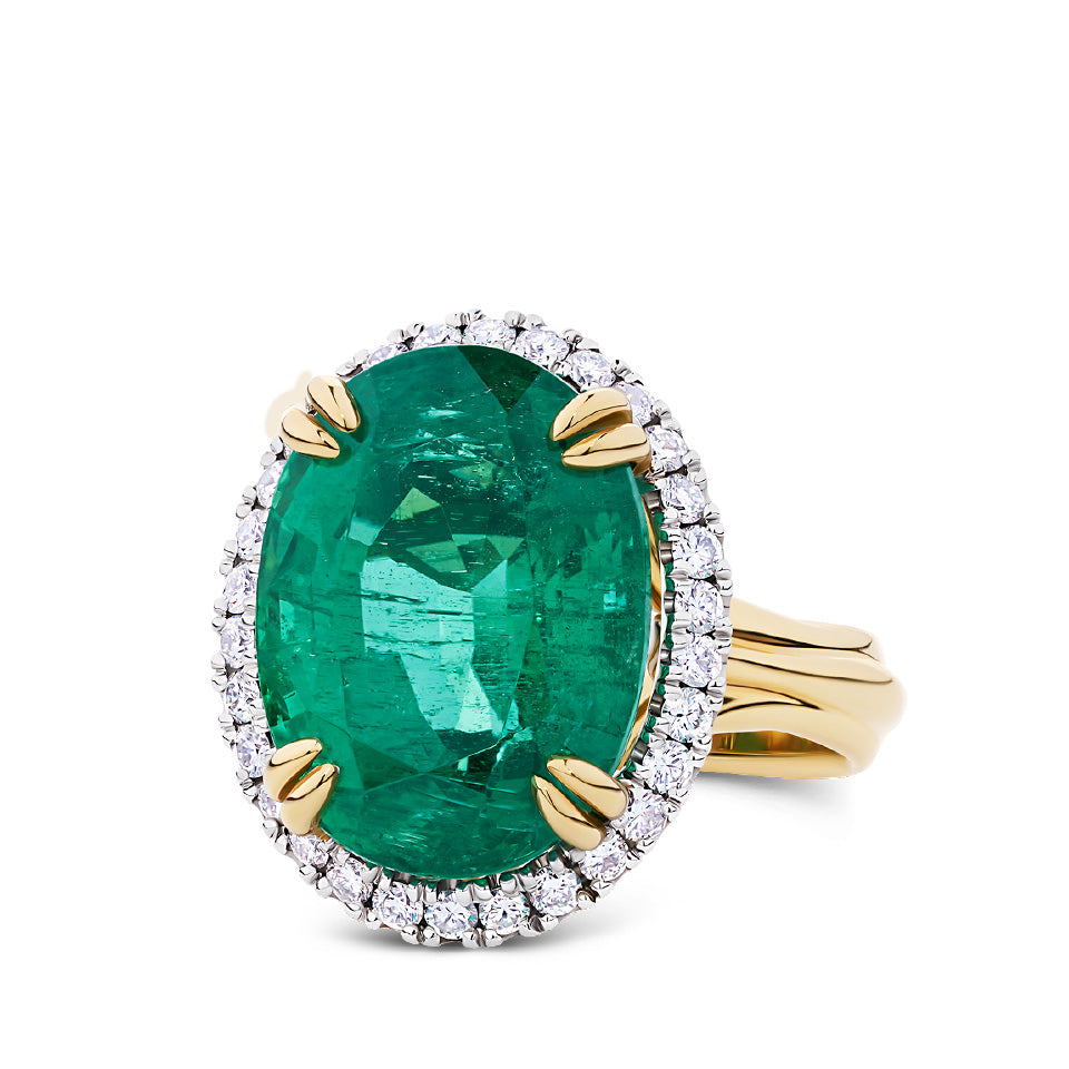 Vault® 11.12 Carat Emerald and 0.45 Carat Diamond Halo Ring in 18ct Yellow Gold