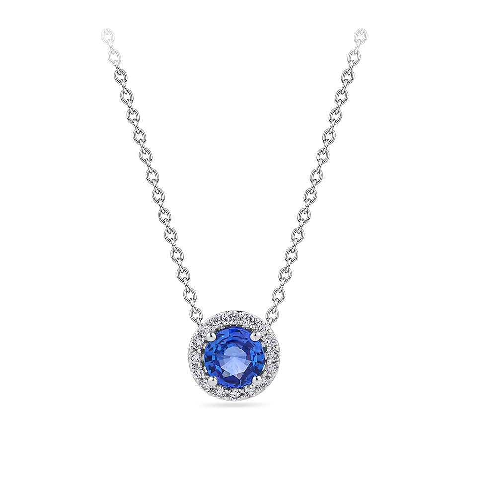 Halo Sapphire and Diamond Pendant in 18ct White Gold