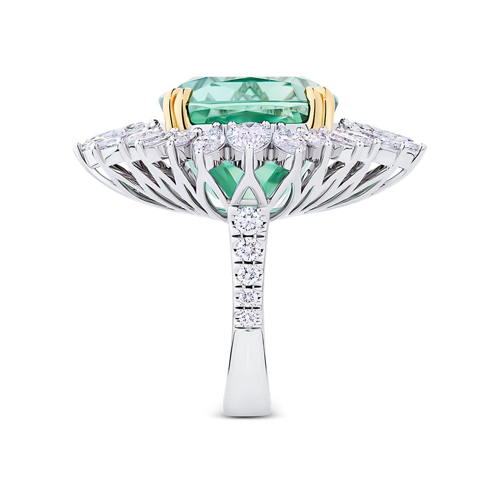 VAULT® 22.90 Carat Brazilian Mint Tourmaline and 4.83 Carat Diamond Halo Ring in 18ct Yellow and White Gold