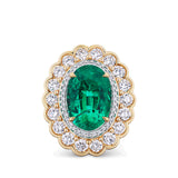 VAULT 7.55 CARAT OVAL CUT COLOMBIAN EMERALD AND 2.90 CARAT DIAMOND HALO RING IN 18CT YELLOW GOLD