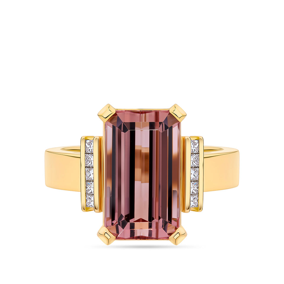6.47 Carat Peach Tourmaline and 0.26 Carat Diamond Ring in 18ct Yellow Gold