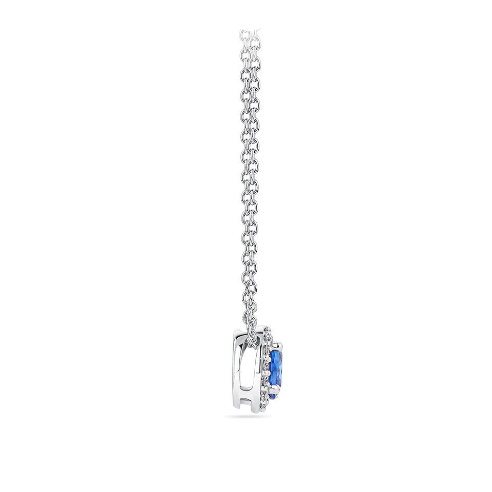 Halo Sapphire and Diamond Pendant in 18ct White Gold