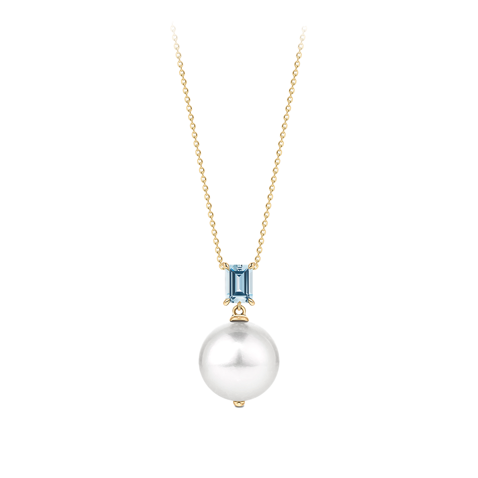 Aquamarine and South Sea Pearl Pendant in 18ct Yellow Gold