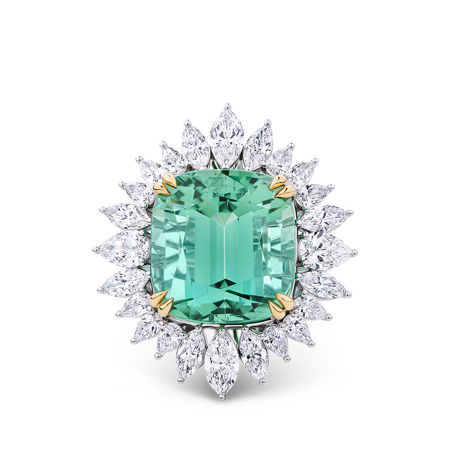 22.90 Carat Brazilian Mint Tourmaline and 4.83 Carat Diamond Halo Ring in 18ct Yellow and White Gold