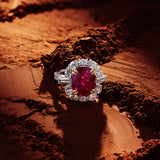 VAULT® 5.67 Carat Cushion Cut Brazilian Rubellite Tourmaline and 2.41 Carat Diamond Halo Ring in 18ct Yellow and White Gold
