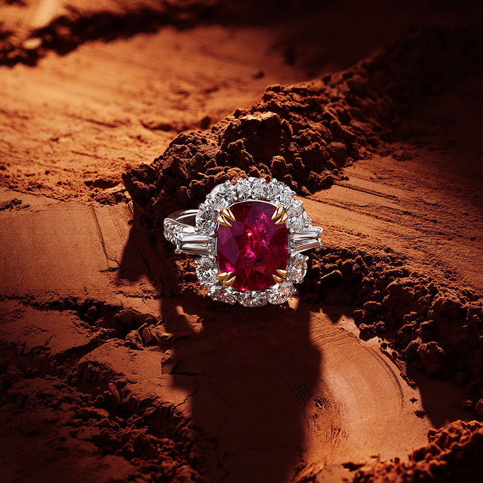 VAULT® 5.67 Carat Cushion Cut Brazilian Rubellite Tourmaline and 2.41 Carat Diamond Halo Ring in 18ct Yellow and White Gold