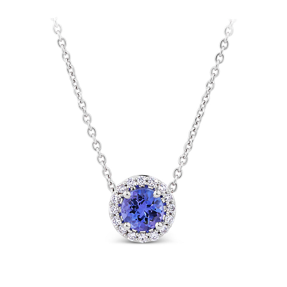 Halo Tanzanite and Diamond Pendant in 18ct White Gold
