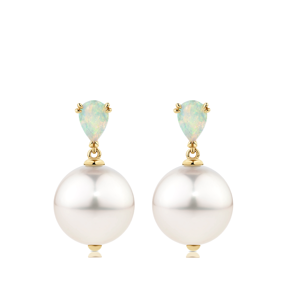 Australian Opal and South Sea Pearl Earrings in 18ct Yellow Gold