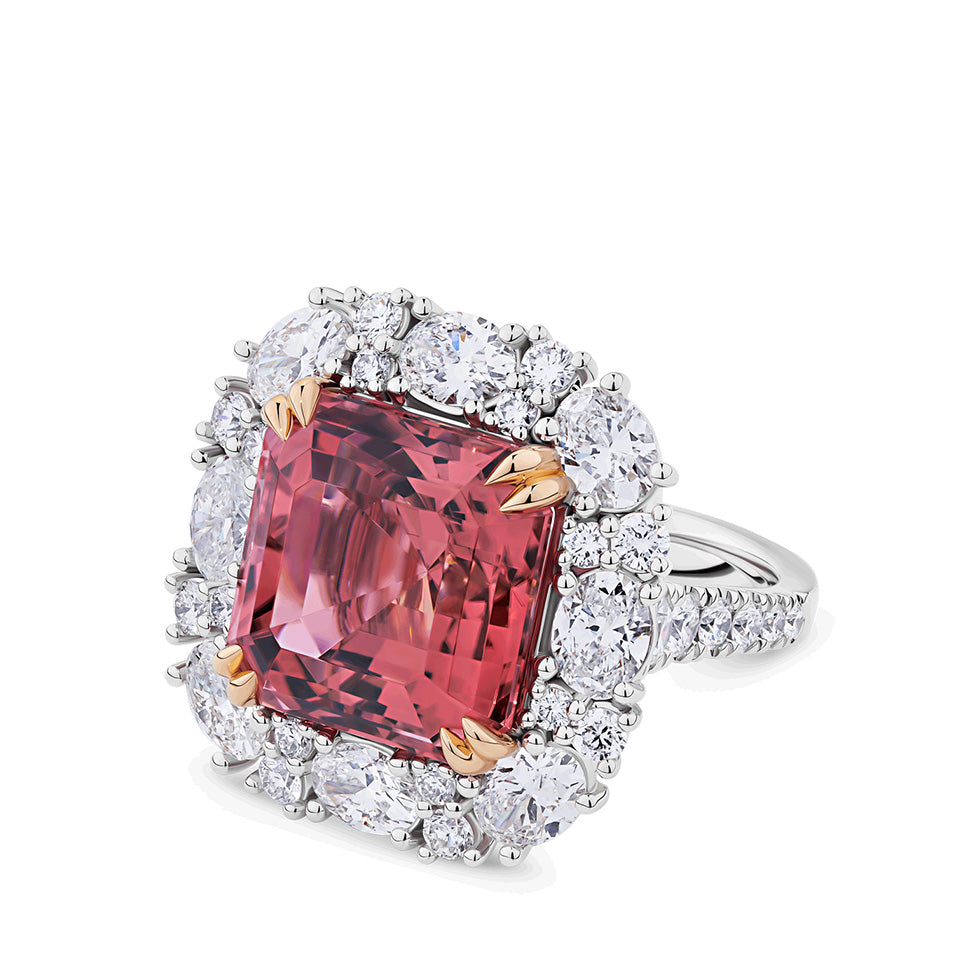 VAULT 15.69 CARAT ASSCHER CUT TOURMALINE AND 4.26 CARAT DIAMOND HALO RING IN 18CT WHITE GOLD