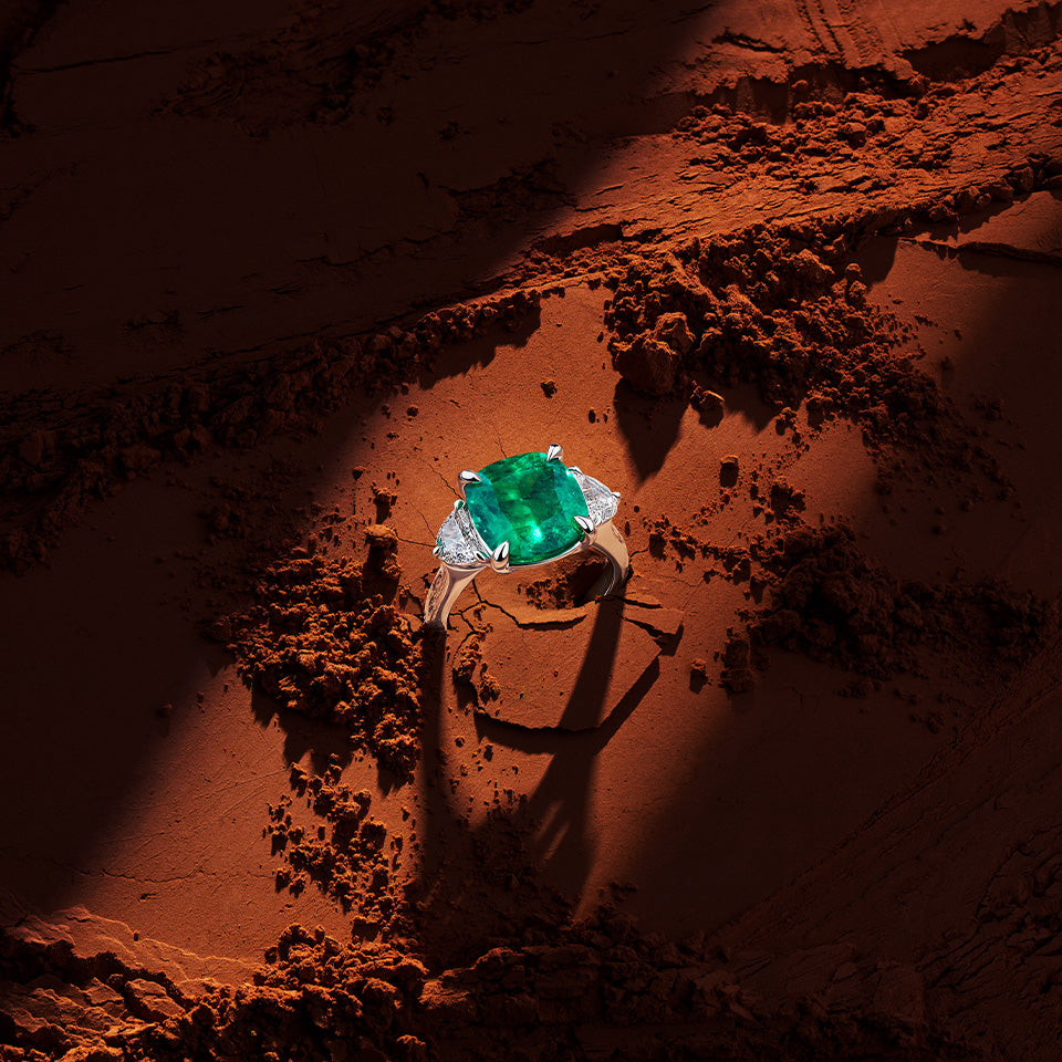 VAULT® 5.40 Carat Colombian Emerald and 0.84 Carat Half Moon Diamond Trilogy Ring in 18ct White Gold