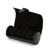 WOLF British Racing Black Triple Watch Roll, item 792902, shown unrolled to reveal the interior. The suede-lined roll holds up to three watches for travel.