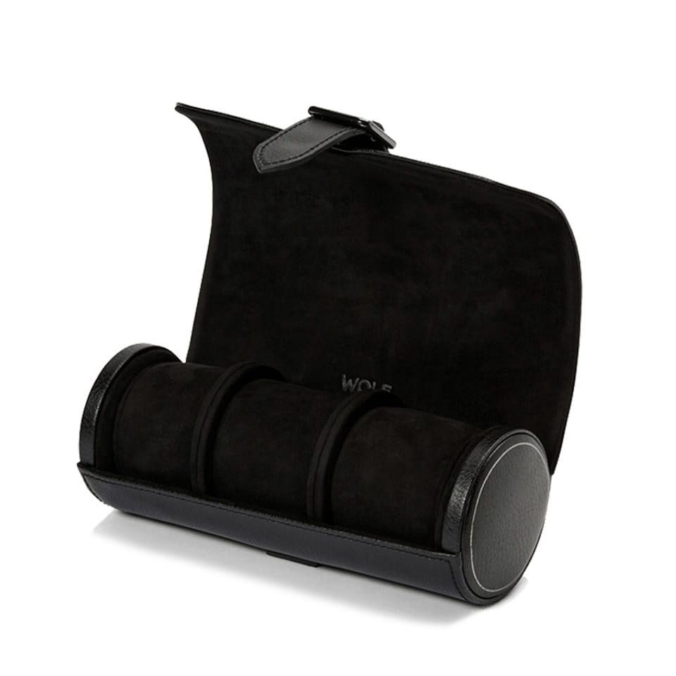WOLF British Racing Black Triple Watch Roll, item 792902, shown unrolled to reveal the interior. The suede-lined roll holds up to three watches for travel.