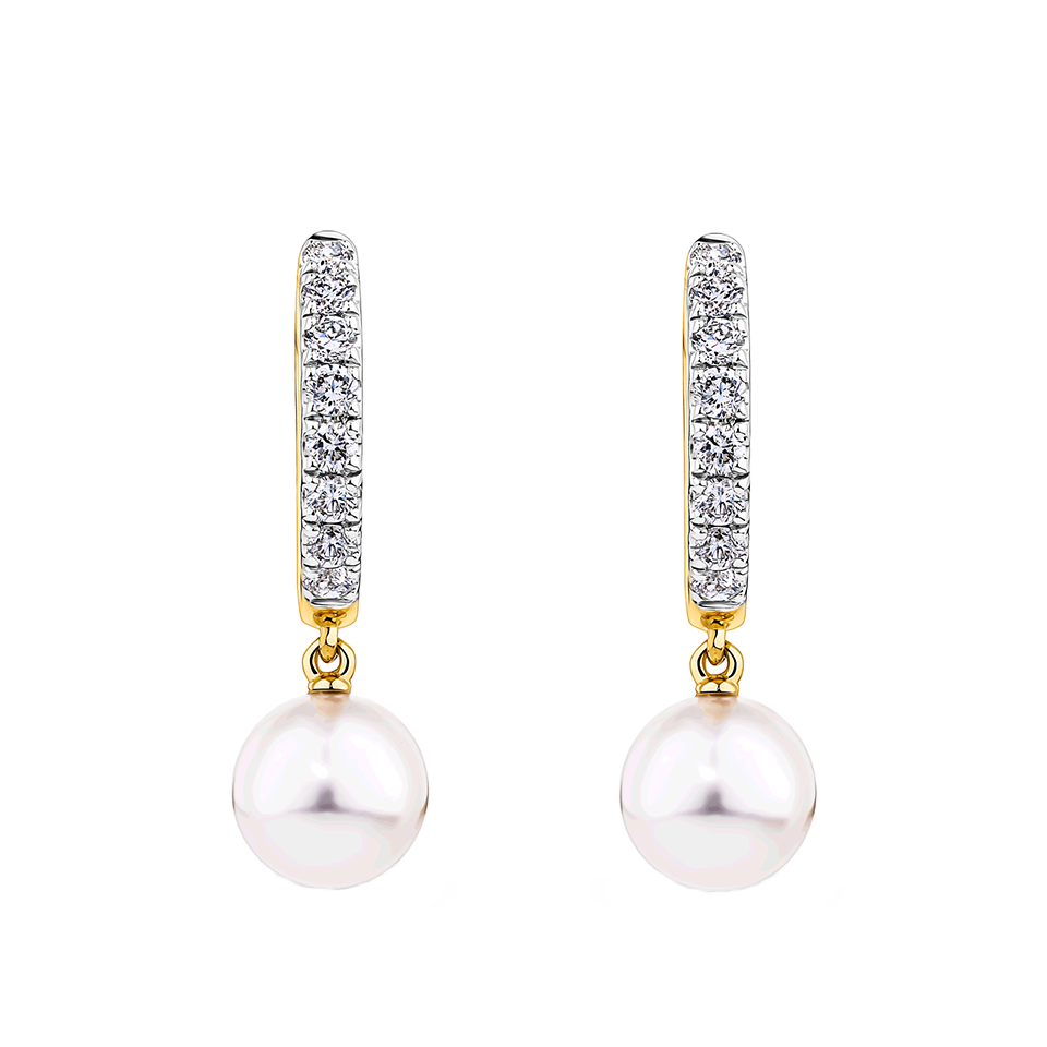 Akoya Pearl and Diamond Drop Huggie Earrings in 14ct Yellow Gold
