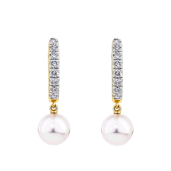 Akoya Pearl and Diamond Drop Huggie Earrings in 14ct Yellow Gold